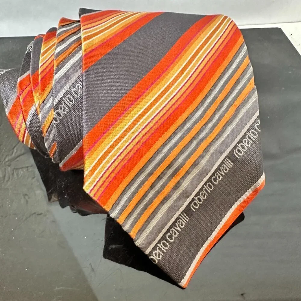 Roberto Cavalli Silk Tie Orange Gray Yellow Stripe Striped White Luxury